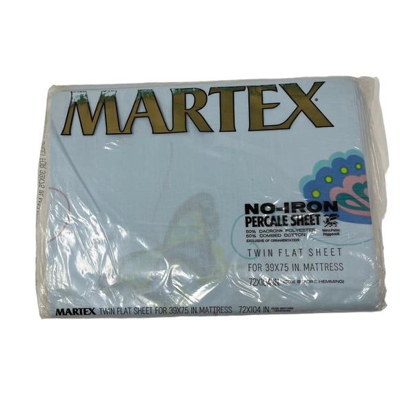 Vintage Martex Twin Size Flat Sheet Blue Butterfly Pattern NOS No Iron Percale - Picture 5 of 7